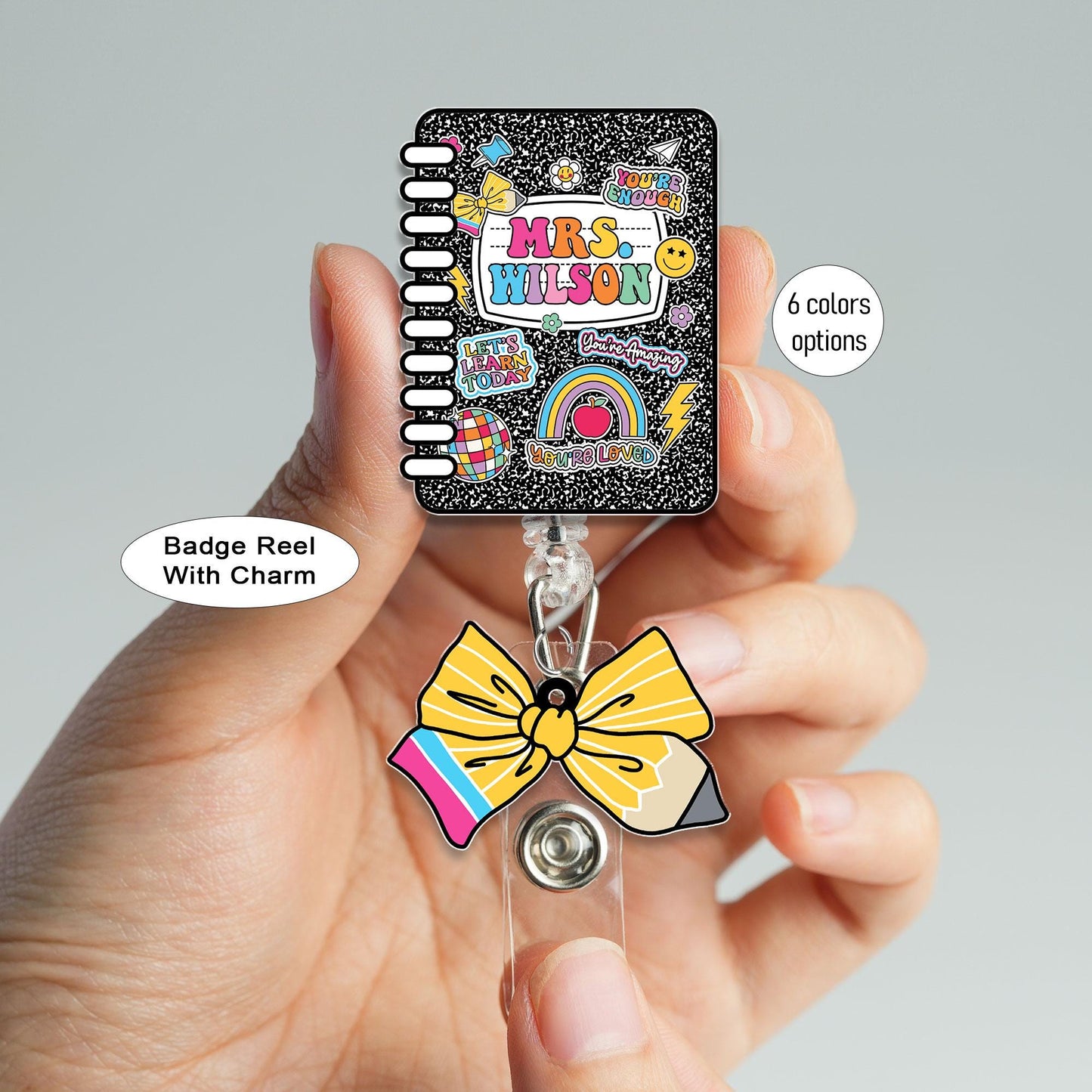 Custom Teacher Badge Reel, Composition Notebook Badge Reel, ID Holder, Retractable Badge Reel, Teacher Appreciation Gift Back to School Gift