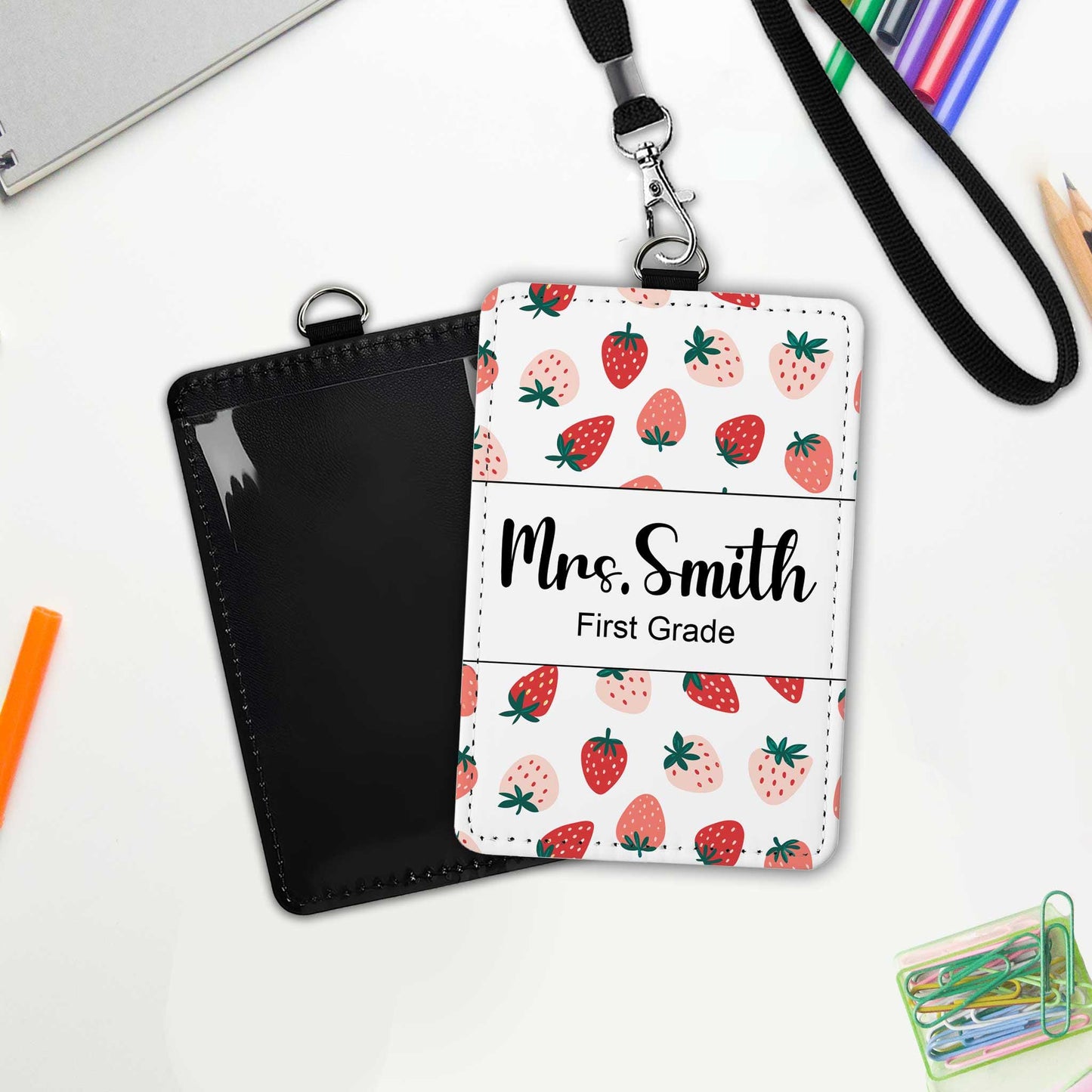 Custom Teacher ID Badge Holder ID Holder Teacher Apple Strawberry, Personalized Teacher Gift, Teacher Appreciation Gift, Back To School Gift