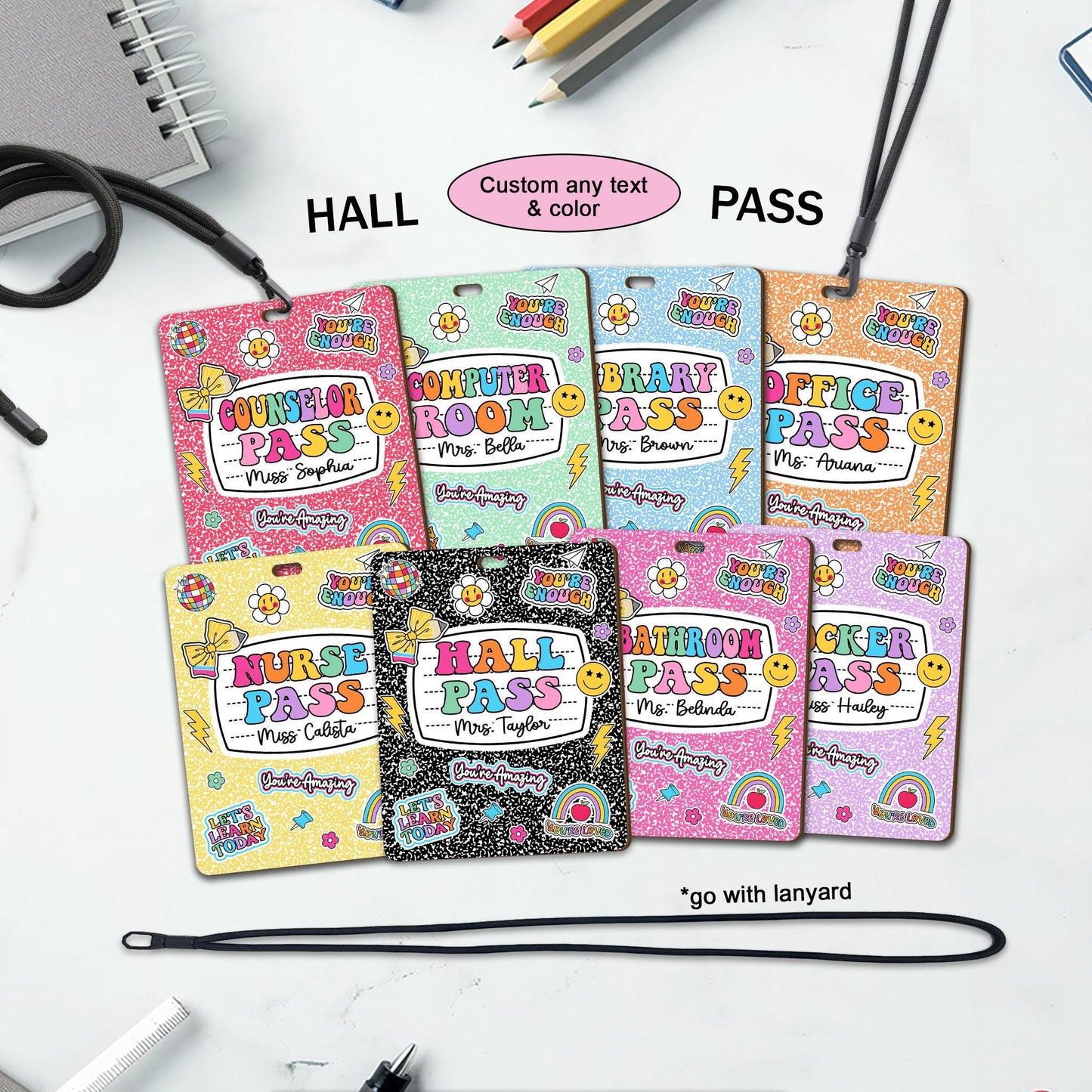 Personalized Teacher Hall Pass With Lanyard, Bathroom Pass Nurse Pass, Classroom Hall Pass Composition Book Theme, Teacher Appreciation Gift