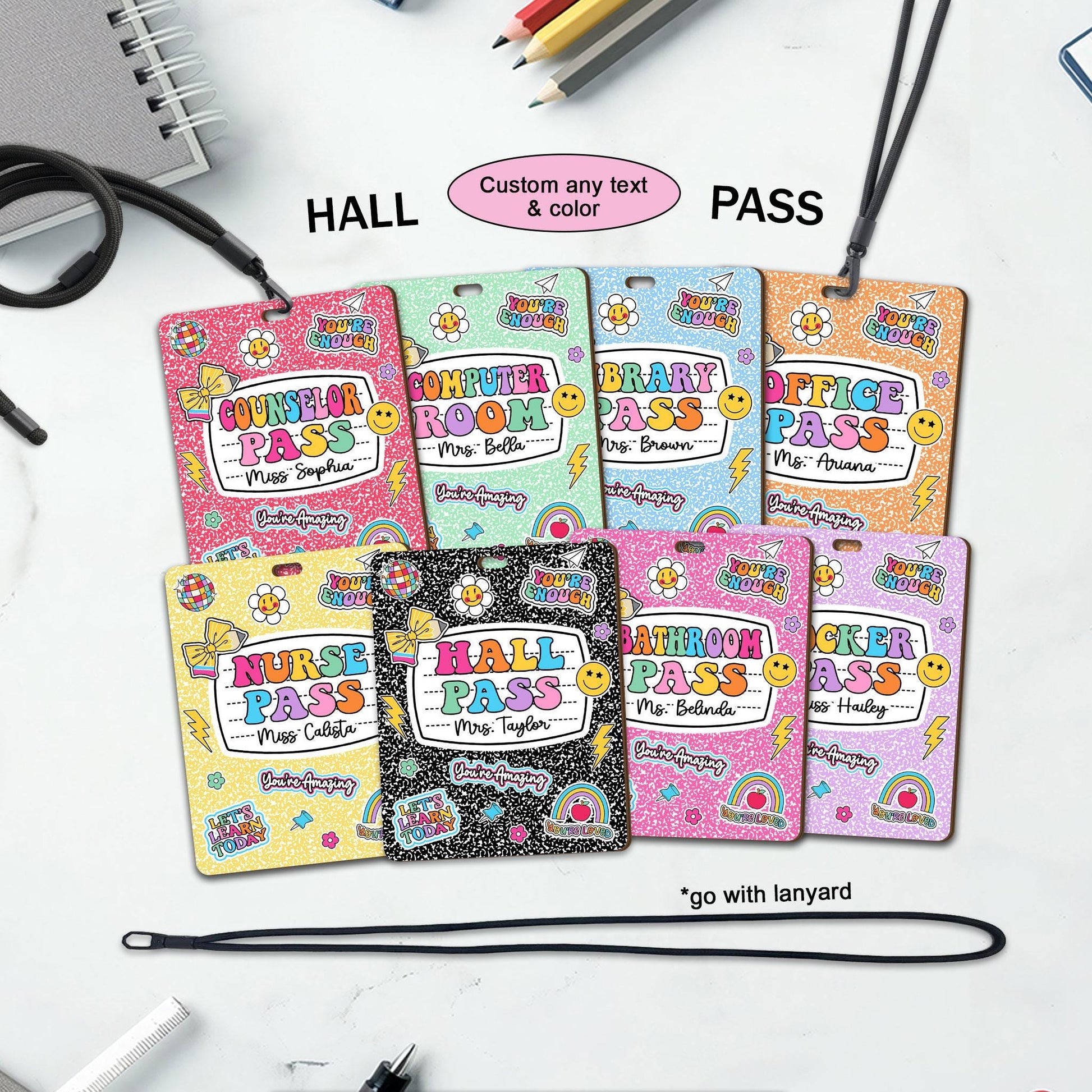 Personalized Teacher Hall Pass With Lanyard, Bathroom Pass Nurse Pass, Classroom Hall Pass Composition Book Theme, Teacher Appreciation Gift