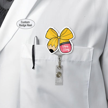 Custom Teacher Badge Reel Name, ID Holder Teacher Pencil Paper Bow, Retractable Badge Reel, Teacher Appreciation Gift, Back to School Gift