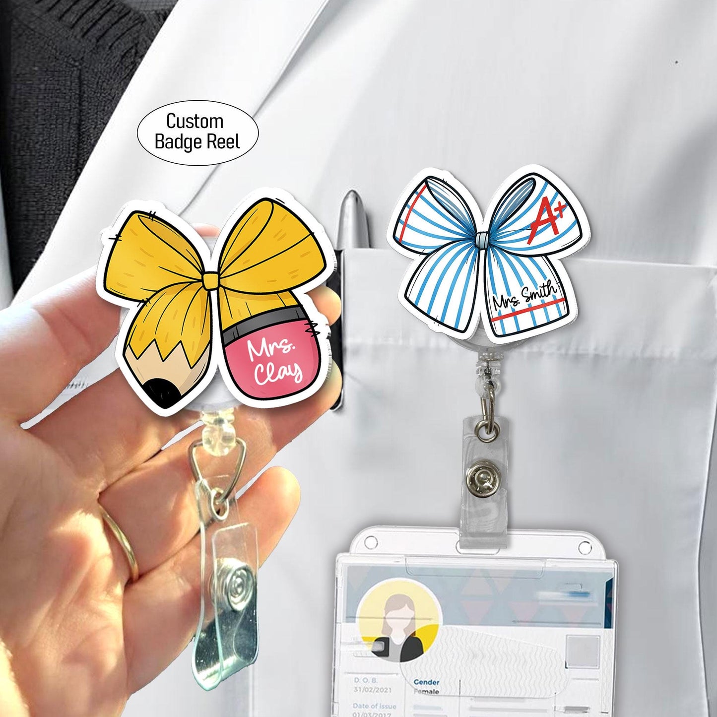 Custom Teacher Badge Reel Name, ID Holder Teacher Pencil Paper Bow, Retractable Badge Reel, Teacher Appreciation Gift, Back to School Gift