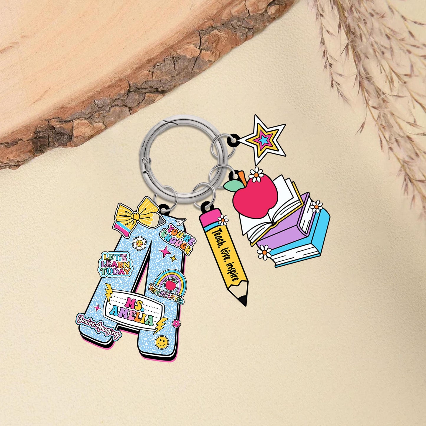 Custom Teacher Bag Chain, Teacher Name Tag School Backpack Teacher Alphabet Pencil Keychain, Back To School Gift, Teacher Appreciation Gift