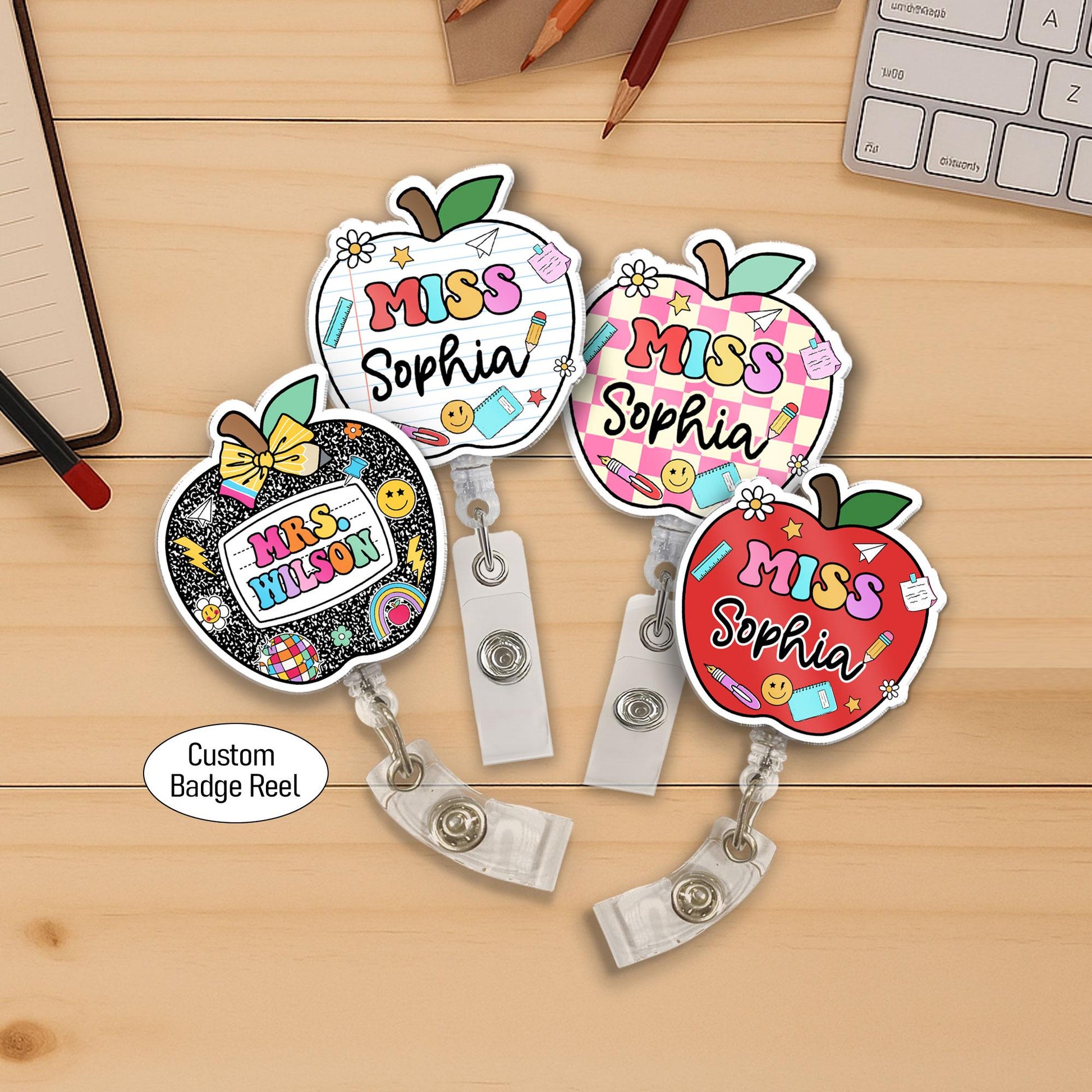 Personalized Teacher Badge Reel, Custom ID Holder Apple Badge Reel, Retractable Badge Reel, Teacher Appreciation Gift, Back to School Gift