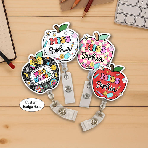 Personalized Teacher Badge Reel, Custom ID Holder Apple Badge Reel, Retractable Badge Reel, Teacher Appreciation Gift, Back to School Gift