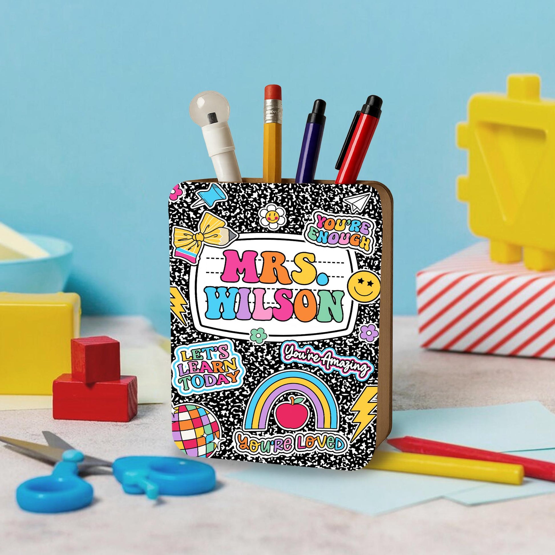 Custom Teacher Pencil Holder Composition Book, Teacher Gift, Teacher Appreciation Gift, Back To School Gift, Teacher Desk Name Pen Holder