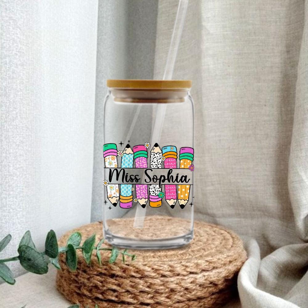 Personalized Teacher 16oz Glass Can, Teacher Appreciation Gifts, Custom Name Teacher Tumbler Iced Coffee Cup, Teacher Gift Back To School