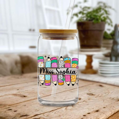 Personalized Teacher 16oz Glass Can, Teacher Appreciation Gifts, Custom Name Teacher Tumbler Iced Coffee Cup, Teacher Gift Back To School