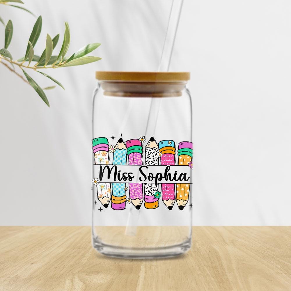 Personalized Teacher 16oz Glass Can, Teacher Appreciation Gifts, Custom Name Teacher Tumbler Iced Coffee Cup, Teacher Gift Back To School