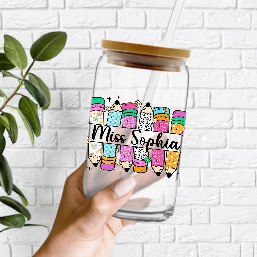 Personalized Teacher 16oz Glass Can, Teacher Appreciation Gifts, Custom Name Teacher Tumbler Iced Coffee Cup, Teacher Gift Back To School