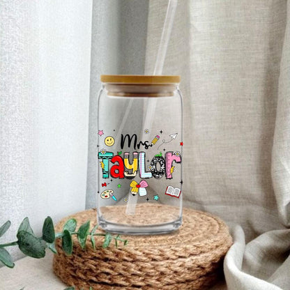 Personalized Teacher Glass Coffee Cup, Custom Name Teacher Tumbler Iced Coffee Cup, Teacher Gift Back To School, Teacher Appreciation Gift