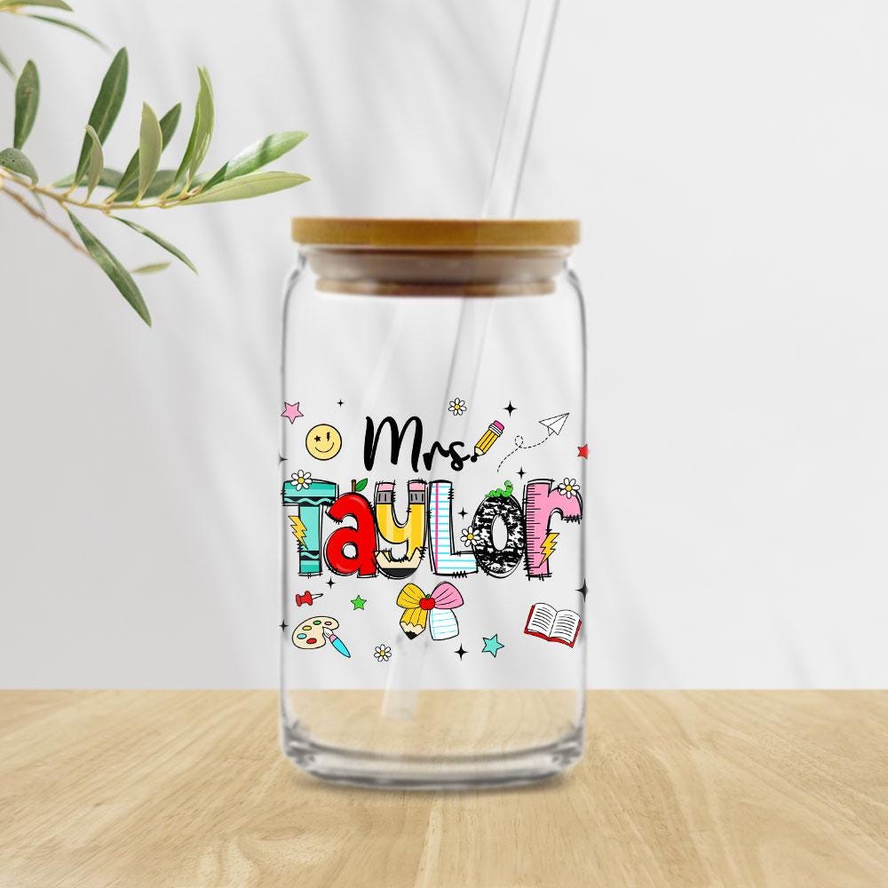 Personalized Teacher Glass Coffee Cup, Custom Name Teacher Tumbler Iced Coffee Cup, Teacher Gift Back To School, Teacher Appreciation Gift