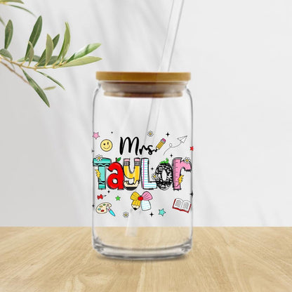 Personalized Teacher Glass Coffee Cup, Custom Name Teacher Tumbler Iced Coffee Cup, Teacher Gift Back To School, Teacher Appreciation Gift