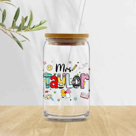Personalized Teacher Glass Coffee Cup, Custom Name Teacher Tumbler Iced Coffee Cup, Teacher Gift Back To School, Teacher Appreciation Gift