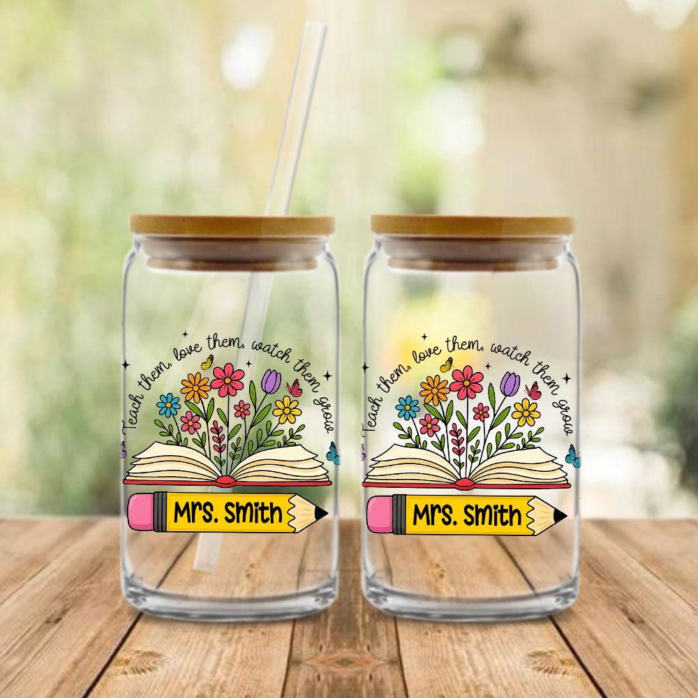 Personalized Teacher Glass Coffee Cup, Teacher Appreciation Gift, Custom Name Teacher Tumbler Iced Coffee Cup, Teacher Gift Back To School