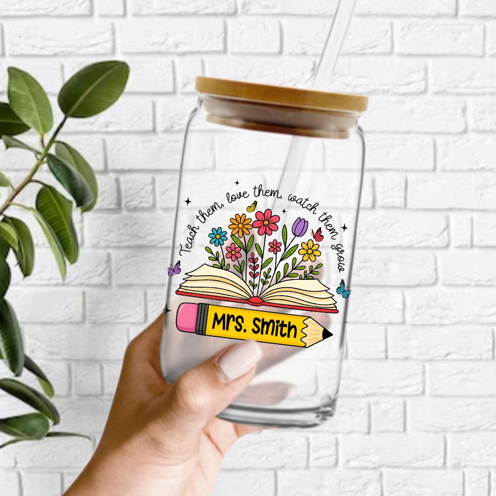 Personalized Teacher Glass Coffee Cup, Teacher Appreciation Gift, Custom Name Teacher Tumbler Iced Coffee Cup, Teacher Gift Back To School