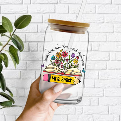 Personalized Teacher Glass Coffee Cup, Teacher Appreciation Gift, Custom Name Teacher Tumbler Iced Coffee Cup, Teacher Gift Back To School