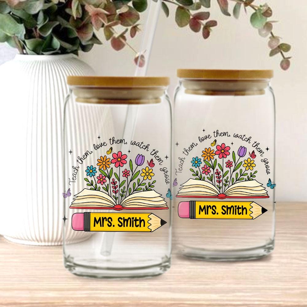 Personalized Teacher Glass Coffee Cup, Teacher Appreciation Gift, Custom Name Teacher Tumbler Iced Coffee Cup, Teacher Gift Back To School