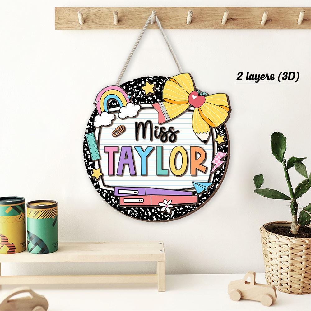 Teacher Appreciation Gift, Custom Teacher Door Hanger Composition Book 3D Wooden Sign, Teacher Name Class Welcome Sign, Back To School Gift