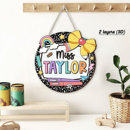 Teacher Appreciation Gift, Custom Teacher Door Hanger Composition Book 3D Wooden Sign, Teacher Name Class Welcome Sign, Back To School Gift