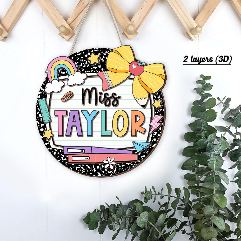Teacher Appreciation Gift, Custom Teacher Door Hanger Composition Book 3D Wooden Sign, Teacher Name Class Welcome Sign, Back To School Gift
