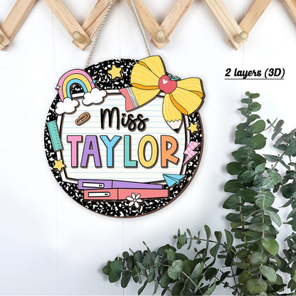 Teacher Appreciation Gift, Custom Teacher Door Hanger Composition Book 3D Wooden Sign, Teacher Name Class Welcome Sign, Back To School Gift