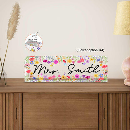 Custom Teacher Name Plate Desk Plaque Flower, Teacher Appreciation Gift, Teacher Gift, Teacher Acrylic Desk Name Sign, Back To School Gift