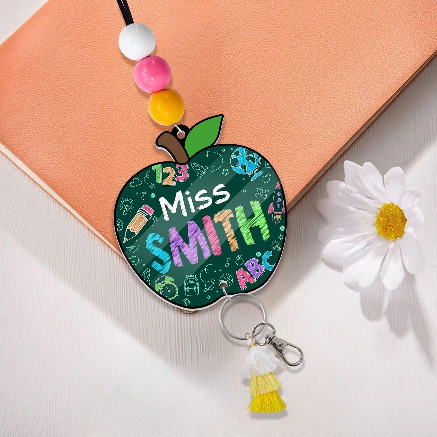 Personalized Teacher Lanyard: Beaded ID Badge Holder with Tassel