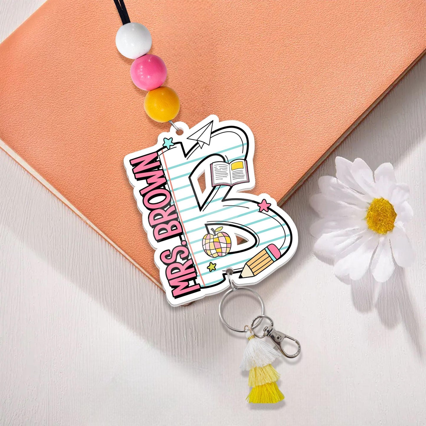 Personalized Teacher Lanyard: Beaded ID Badge Holder with Wood or Acrylic Charm