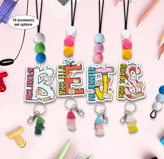 Personalized Teacher Lanyard: Beaded ID Badge Holder with Wood or Acrylic Charm