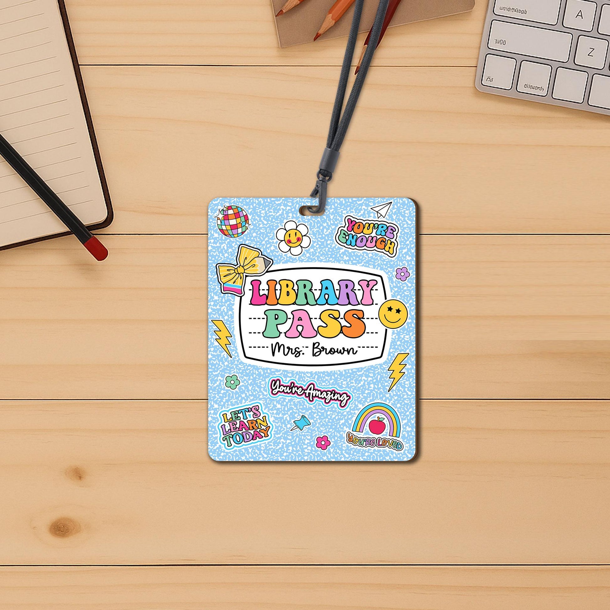 Personalized Teacher Hall Pass With Lanyard, Bathroom Pass Nurse Pass, Classroom Hall Pass Composition Book Theme, Teacher Appreciation Gift