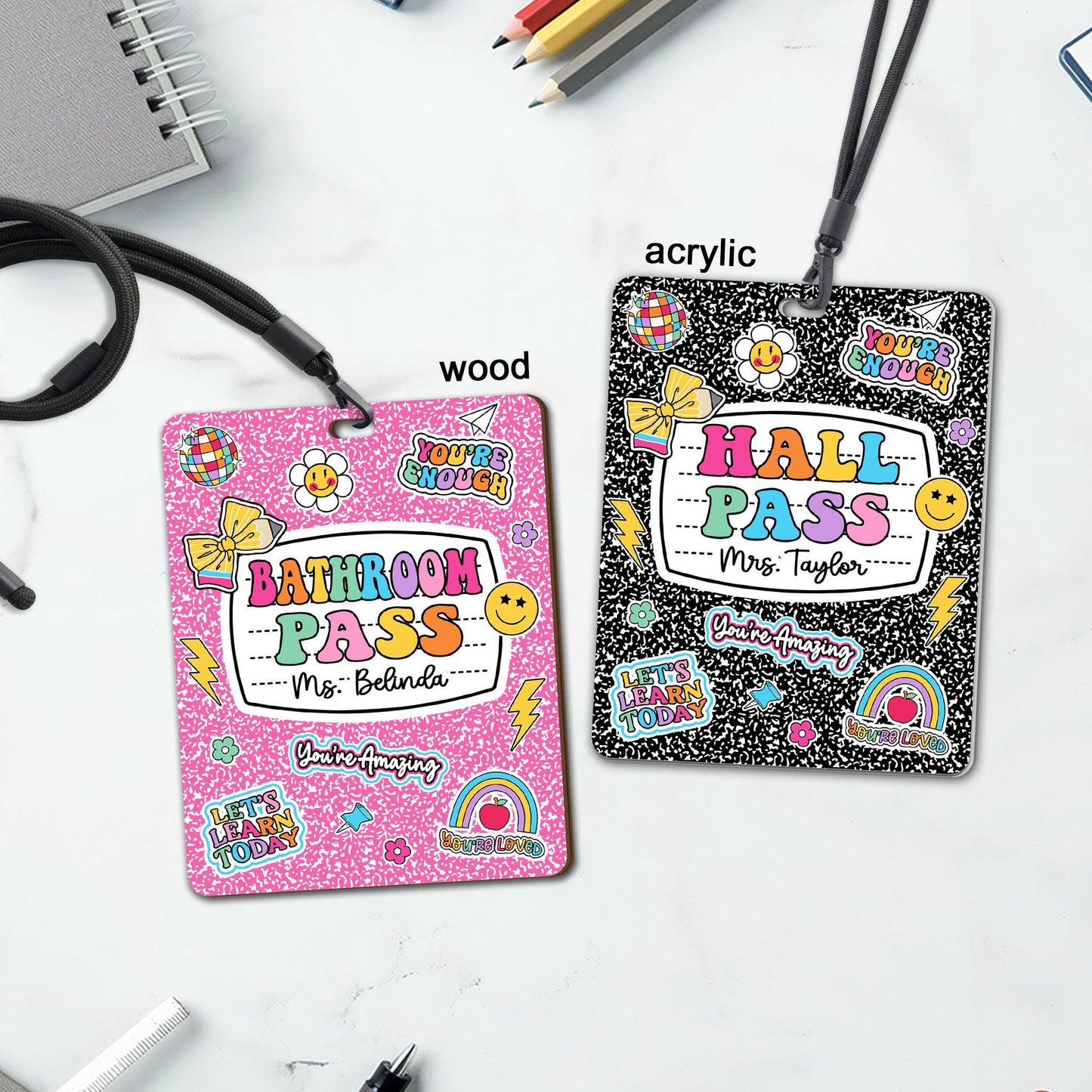 Personalized Teacher Hall Pass With Lanyard, Bathroom Pass Nurse Pass, Classroom Hall Pass Composition Book Theme, Teacher Appreciation Gift