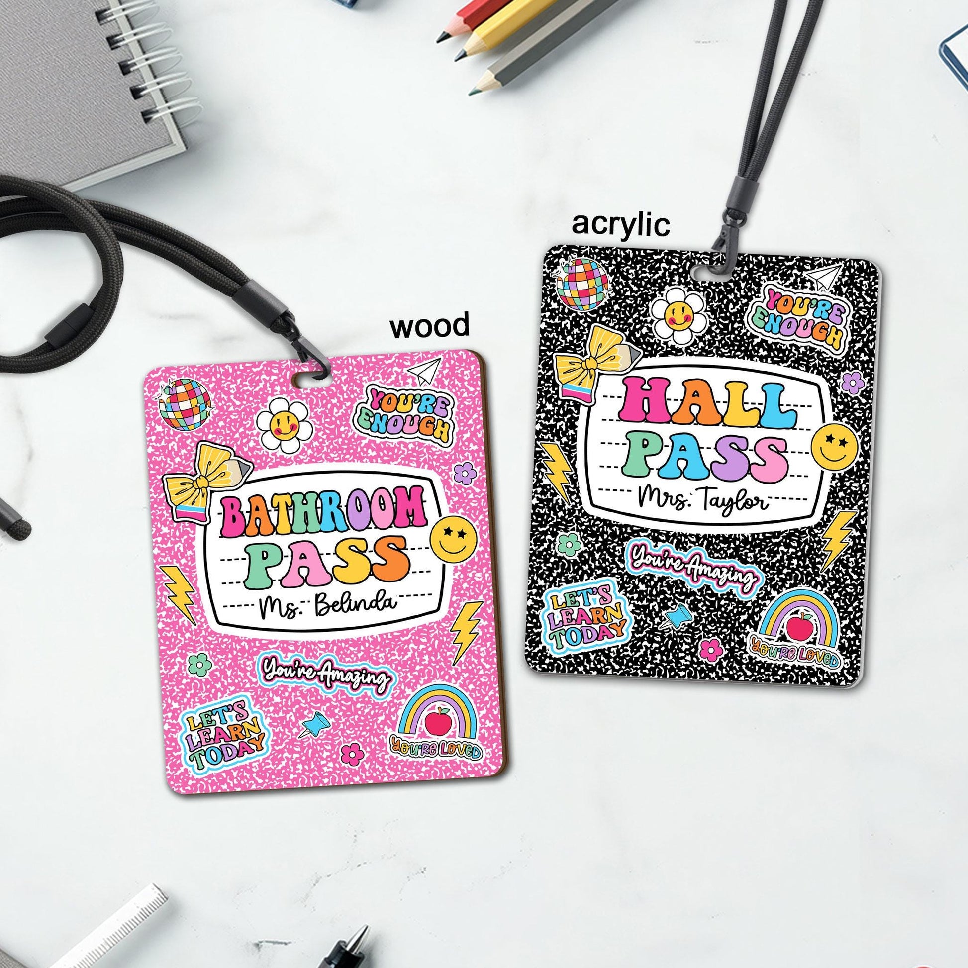 Personalized Teacher Hall Pass With Lanyard, Bathroom Pass Nurse Pass, Classroom Hall Pass Composition Book Theme, Teacher Appreciation Gift
