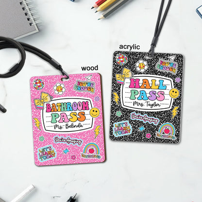 Personalized Teacher Hall Pass With Lanyard, Bathroom Pass Nurse Pass, Classroom Hall Pass Composition Book Theme, Teacher Appreciation Gift