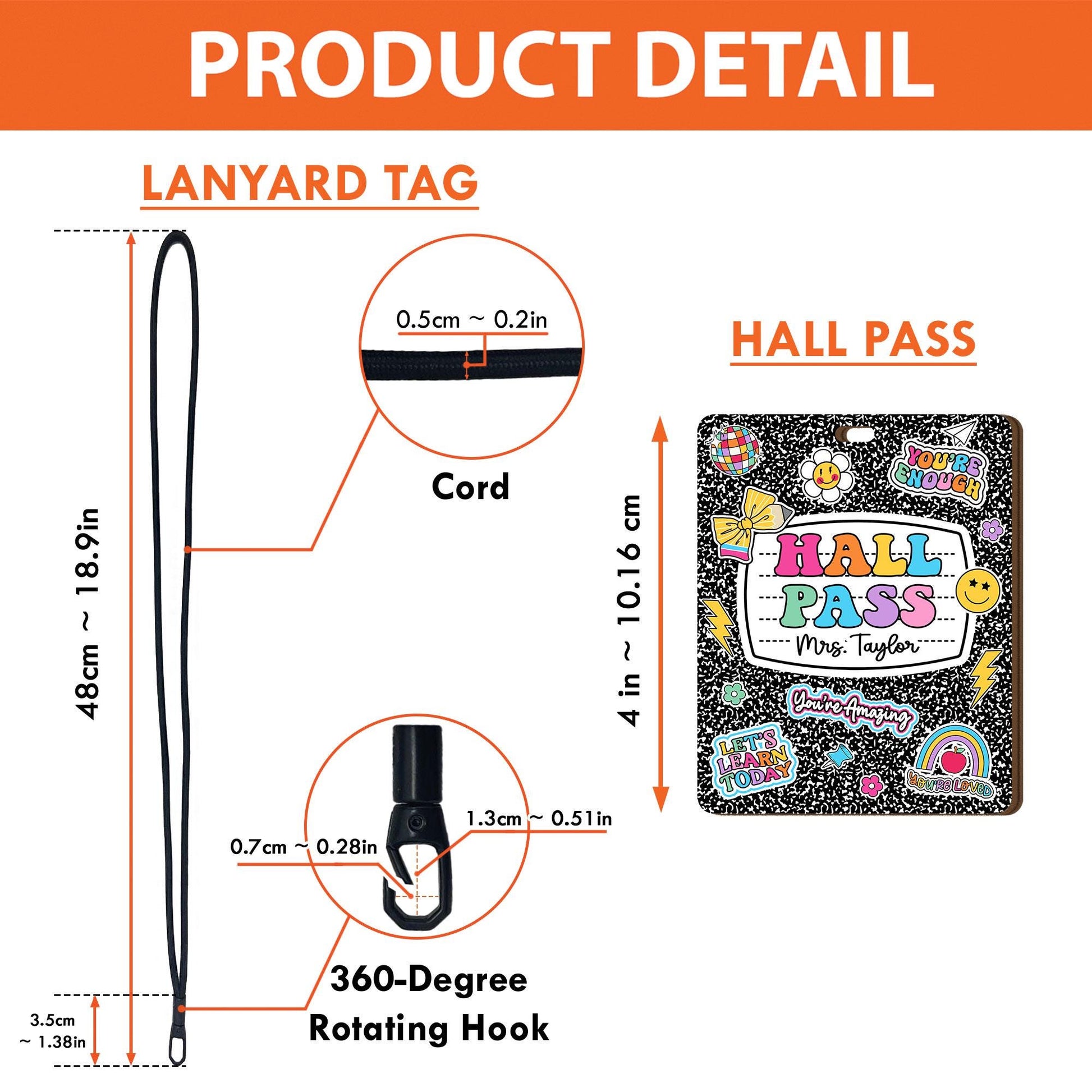 Personalized Teacher Hall Pass With Lanyard, Bathroom Pass Nurse Pass, Classroom Hall Pass Composition Book Theme, Teacher Appreciation Gift