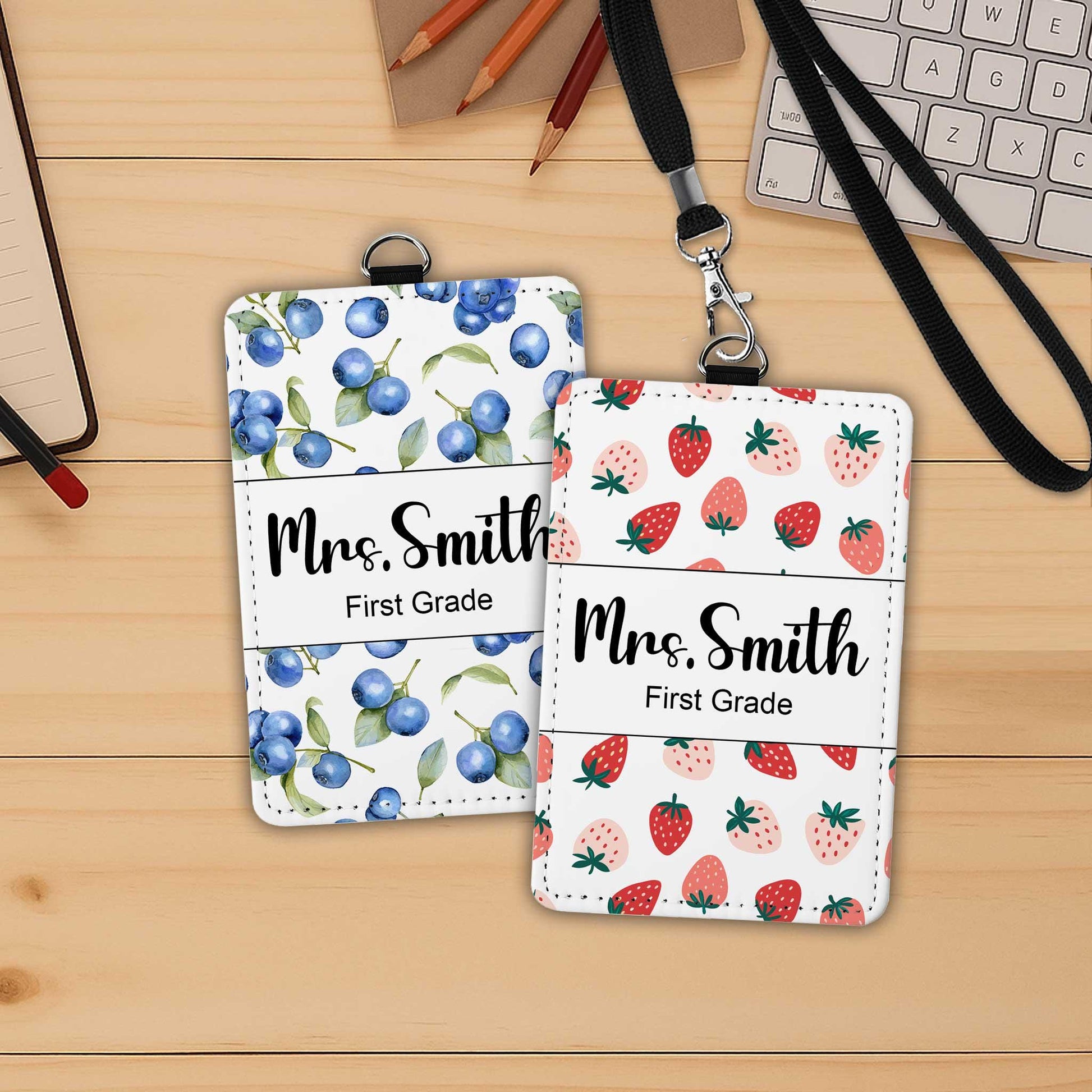 Custom Teacher ID Badge Holder ID Holder Teacher Apple Strawberry, Personalized Teacher Gift, Teacher Appreciation Gift, Back To School Gift