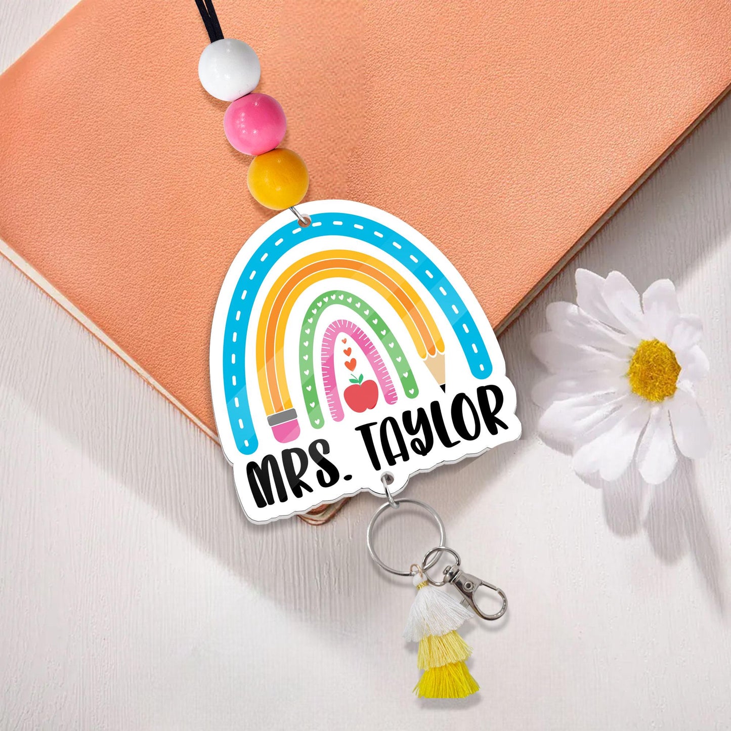 Personalized Teacher Lanyard: Beaded ID Badge Holder with Tassel