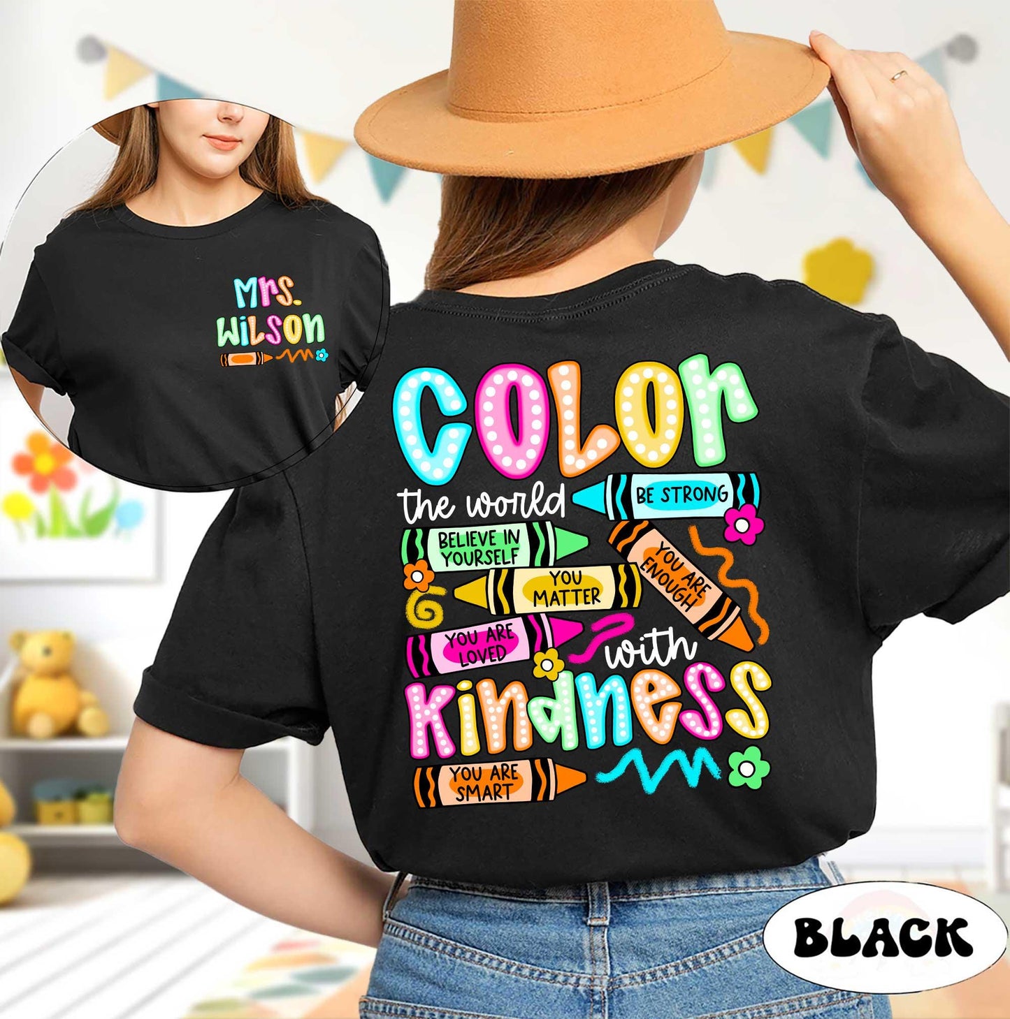 Personalized Teacher Shirt, Color The World With Kindness Teacher Crayon, Back To School, Kindergarten Teacher, Teacher Appreciation Gift