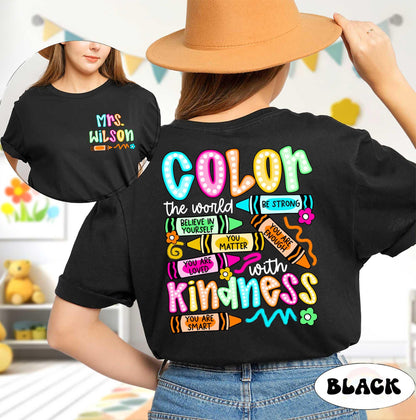 Personalized Teacher Shirt, Color The World With Kindness Teacher Crayon, Back To School, Kindergarten Teacher, Teacher Appreciation Gift