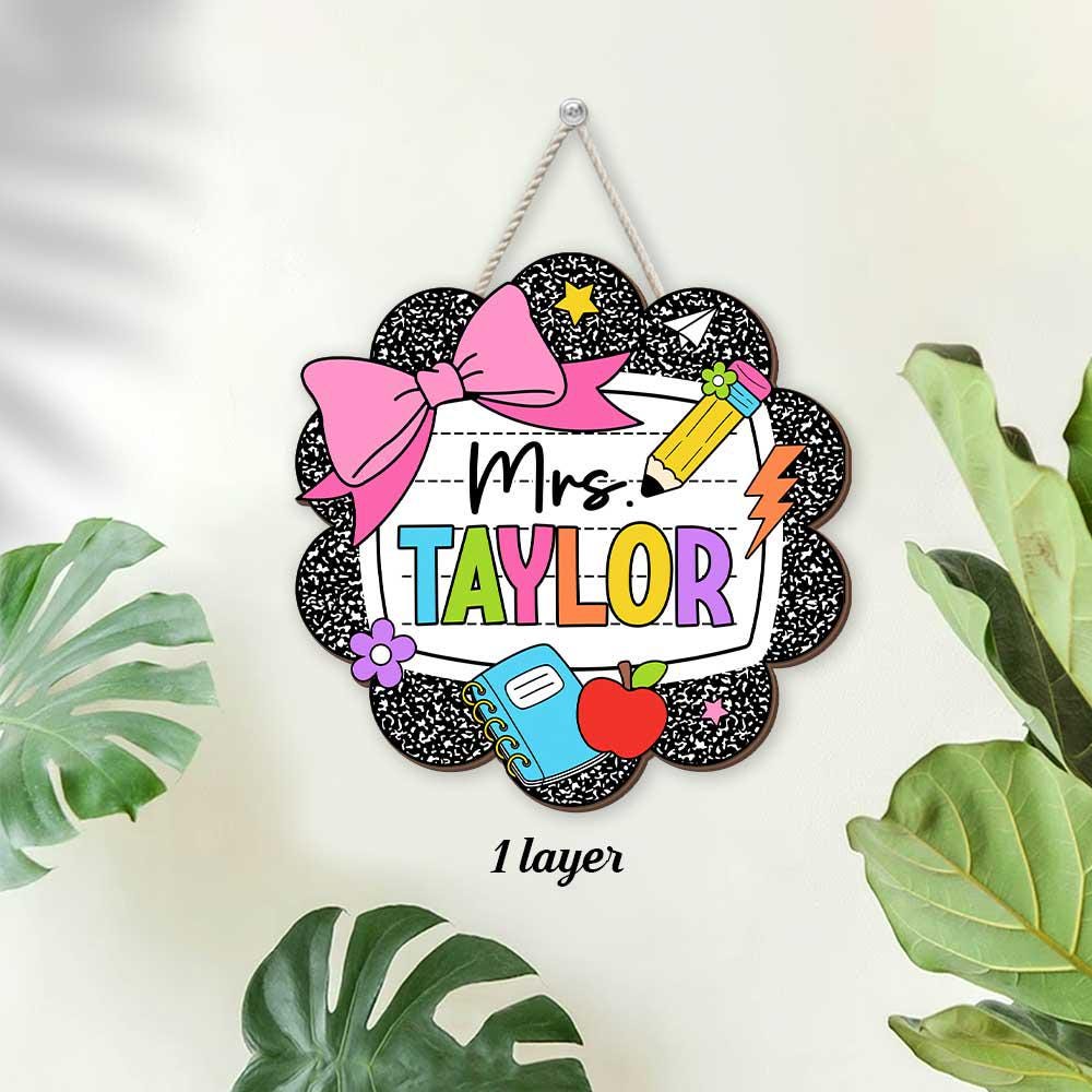 Teacher Appreciation Gift, Custom Teacher Door Hanger Composition Book 3D Wooden Sign, Back To School Gift, Teacher Name Class Welcome Sign