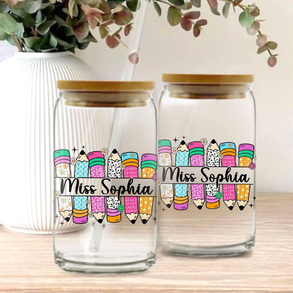 Personalized Teacher 16oz Glass Can, Teacher Appreciation Gifts, Custom Name Teacher Tumbler Iced Coffee Cup, Teacher Gift Back To School