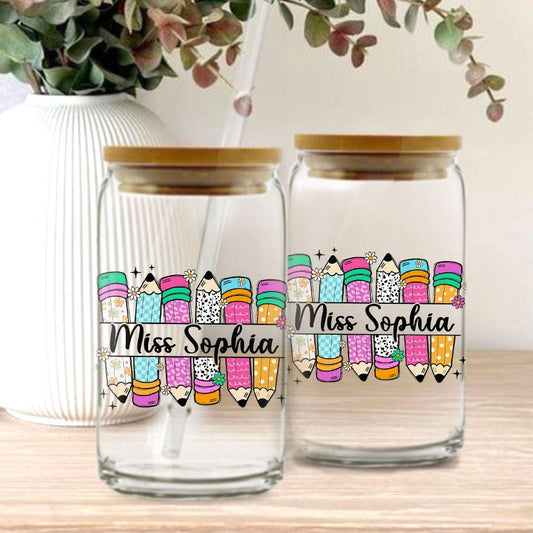 Personalized Teacher 16oz Glass Can, Teacher Appreciation Gifts, Custom Name Teacher Tumbler Iced Coffee Cup, Teacher Gift Back To School