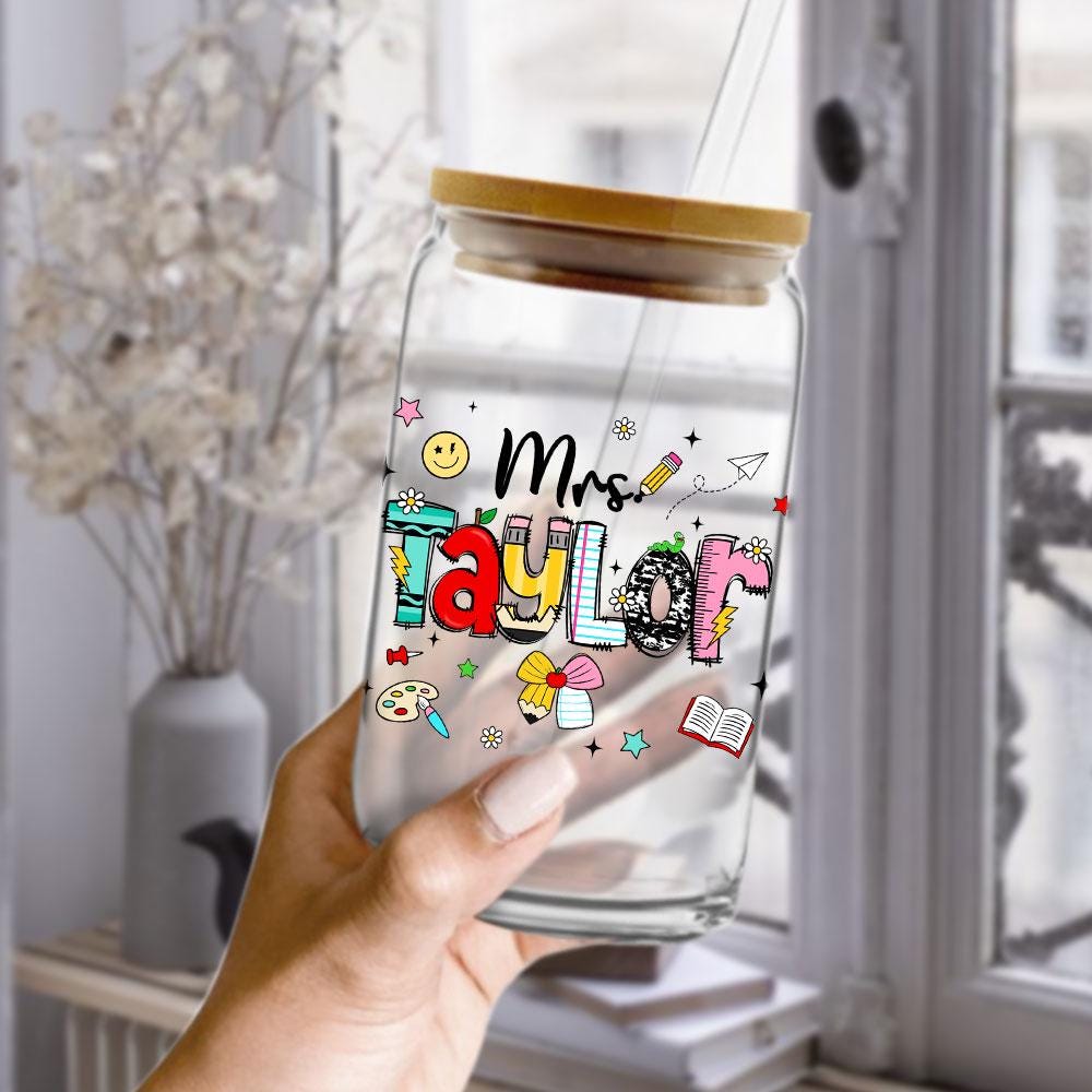Personalized Teacher Glass Coffee Cup, Custom Name Teacher Tumbler Iced Coffee Cup, Teacher Gift Back To School, Teacher Appreciation Gift