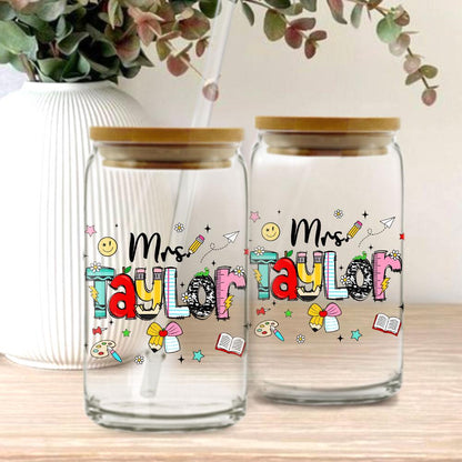 Personalized Teacher Glass Coffee Cup, Custom Name Teacher Tumbler Iced Coffee Cup, Teacher Gift Back To School, Teacher Appreciation Gift