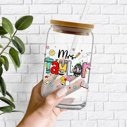 Personalized Teacher Glass Coffee Cup, Custom Name Teacher Tumbler Iced Coffee Cup, Teacher Gift Back To School, Teacher Appreciation Gift