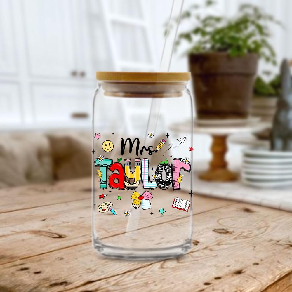 Personalized Teacher Glass Coffee Cup, Custom Name Teacher Tumbler Iced Coffee Cup, Teacher Gift Back To School, Teacher Appreciation Gift