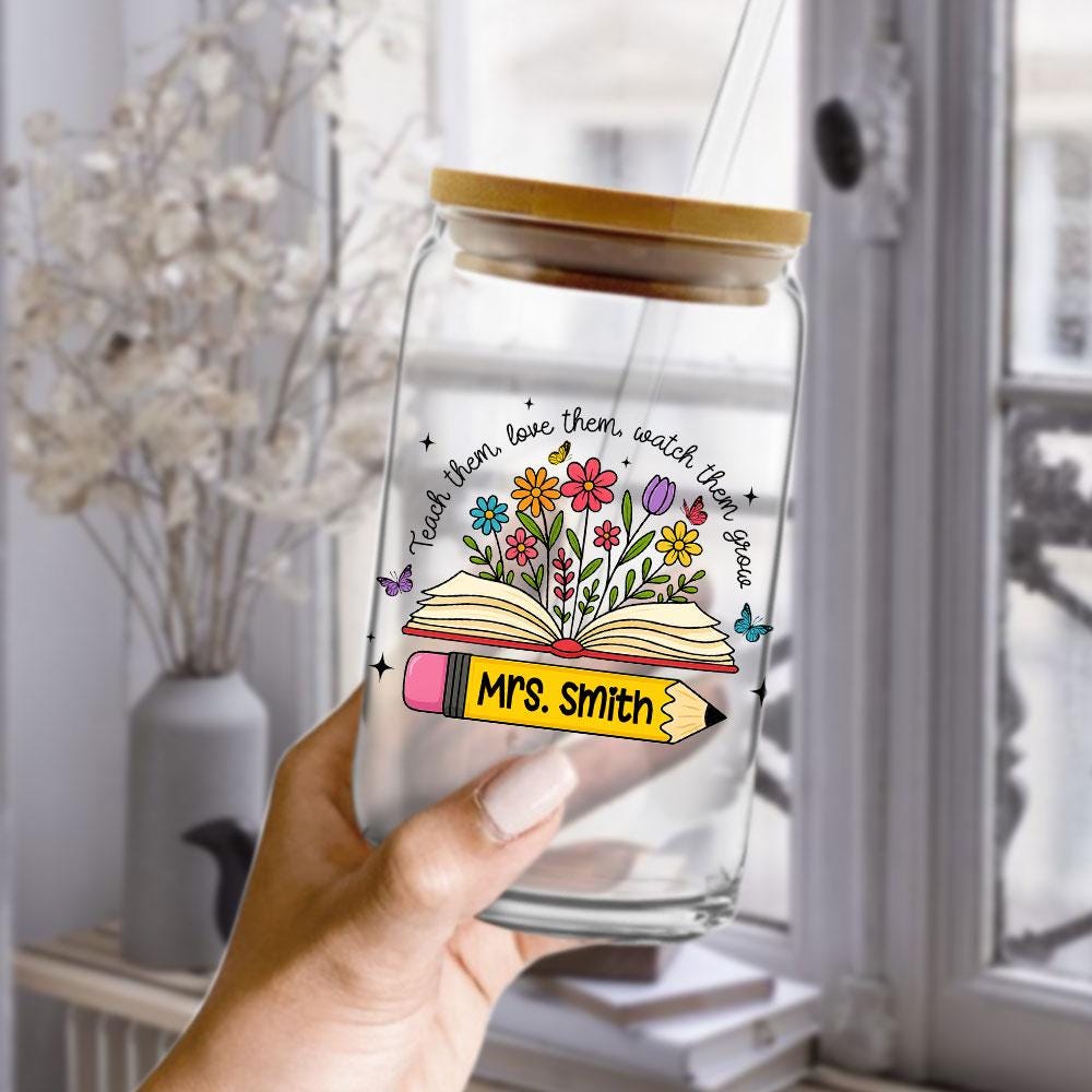 Personalized Teacher Glass Coffee Cup, Teacher Appreciation Gift, Custom Name Teacher Tumbler Iced Coffee Cup, Teacher Gift Back To School