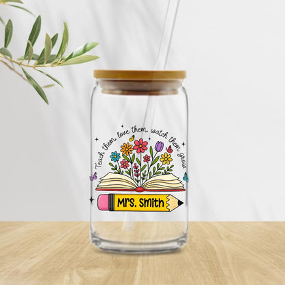 Personalized Teacher Glass Coffee Cup, Teacher Appreciation Gift, Custom Name Teacher Tumbler Iced Coffee Cup, Teacher Gift Back To School