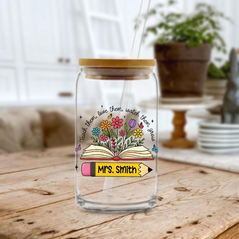 Personalized Teacher Glass Coffee Cup, Teacher Appreciation Gift, Custom Name Teacher Tumbler Iced Coffee Cup, Teacher Gift Back To School