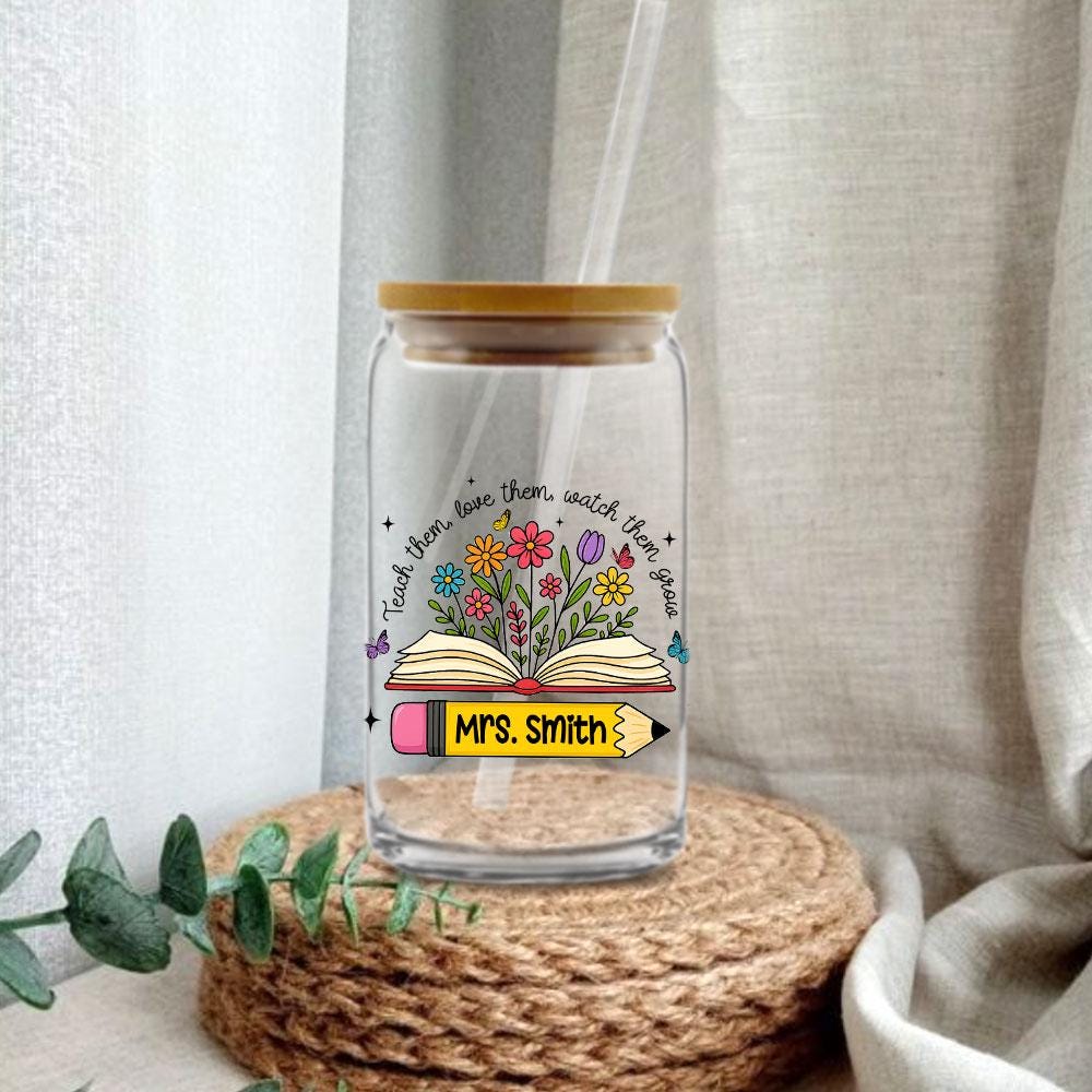 Personalized Teacher Glass Coffee Cup, Teacher Appreciation Gift, Custom Name Teacher Tumbler Iced Coffee Cup, Teacher Gift Back To School